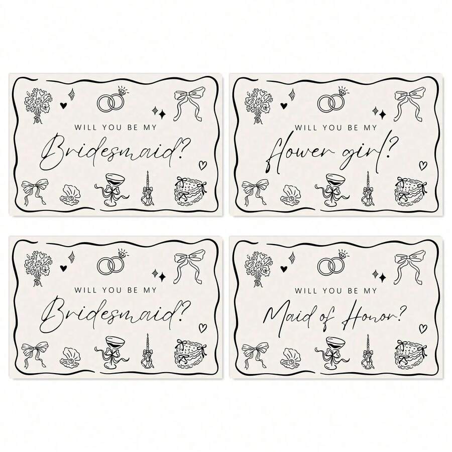 12pcs/6pcs Black Bride Bridesmaid Proposal Cards With Envelopes And Stickers "Will You Be My Bridesmaid/Maid Of Honor/Flower Girl" Wedding Party Cards, Wedding Fun Game Cards, Wedding Decoration Cards - Multicolor - View 1