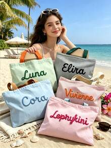 Custom Name Embroidered Tote, Women's Canvas Beach Bag, Lightweight Summer Travel Shoulder Purse - Multicolor - View 4