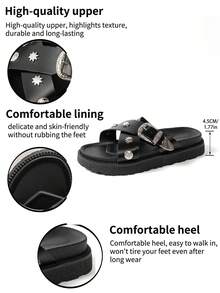 Sepatu Wanita Modis Warna Polos dengan Potongan Lebar, Sandal Gaya Punk dengan Gesper Paku Keling Logam, Sandal Selop Platform dengan Tali Silang Paku Keling Logam, Sandal Kasual Musim Panas - Hitam - View 9