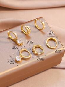 6pcs Elegant Fashion Directional & Round Geometric Cubic Zirconia Inlaid Round Zirconia Pendant Earring Set, Fashion Jewelry, Women's Gift - Gold - View 4