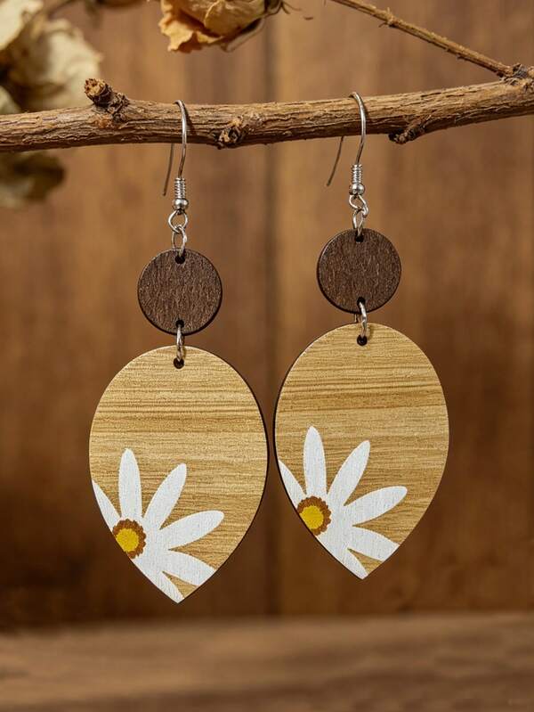 1 Pair Bohemian Style Daisy Wooden Earrings, Round & Teardrop Shape, Pastoral Vacation Versatile Ear Jewelry