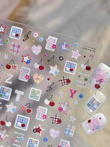 1 Piece Of Embossed Nail Charm Sticker, Cute Sweetheart Cherry Mini Sticker, Cloth Nail Sticker, Pentagonal Heart, Cute Button Stripe Nail Sticker DIY Nail Stickers - Multicolor - View 3