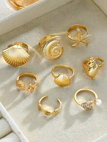8pcs Exaggerated Wide Metal Open Ring Set, Faux Shell, Starfish, Conch, Fish Tail, Rhinestone, Thick Smooth Asymmetrical Geometric Multi-Layered Rings For Women, Date, Banquet, Beach, Vacation, Party, Music Festival Accessories - Golden Yellow 2 - View 6