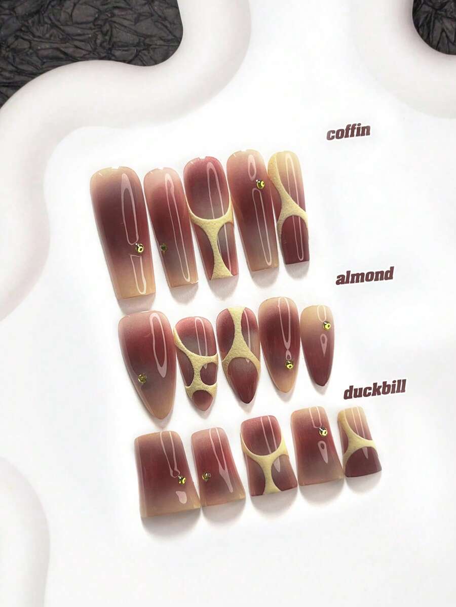 10片裝抽象藝術風手工穿戴甲,Polygel美甲套組,漸層混色效果,黃色與紅色配色,極簡風,附美甲工具,3種尺寸可選,杏仁/鴨嘴/棺材形,適合派對、跳舞、日常配戴 - 彩色 - 查看 1