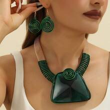 Exaggerated Multi-Layer Handmade Heavy Work Woven Beaded Resin Fashion Vintage Bright European American Bohemian Grant African Korean Middle Eastern Party Vacation Beach Square Necklace And Earrings Set - Green - View 8