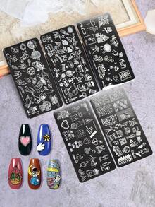 5 pièces plaque de transfert en acier pour nail art, motif graffiti dessin animé univers, papeterie, gabarit d'impression pour ongles, outils DIY pour nail art - Argent - Voir 1