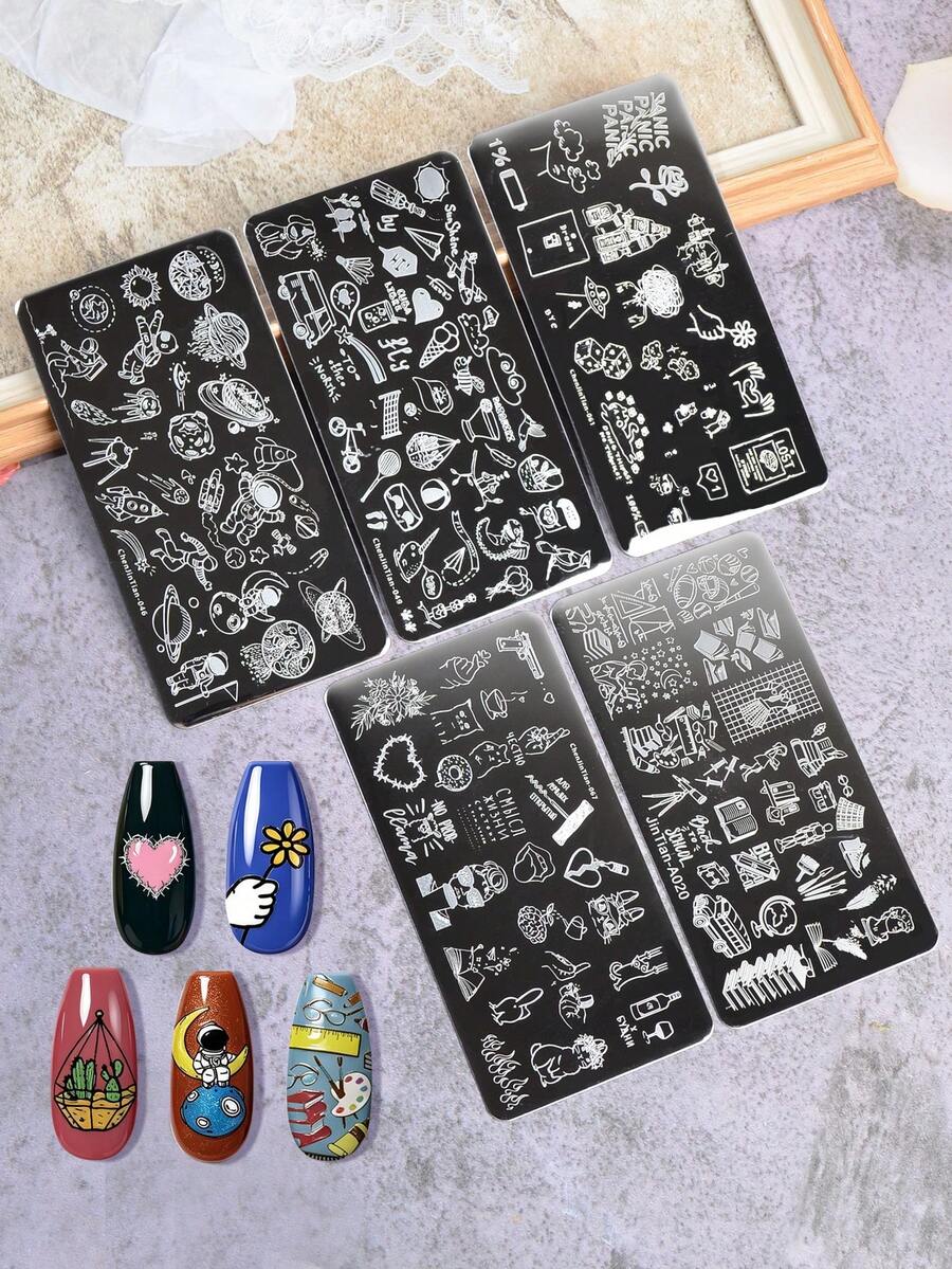 5 pièces plaque de transfert en acier pour nail art, motif graffiti dessin animé univers, papeterie, gabarit d'impression pour ongles, outils DIY pour nail art - Argent - Voir 1