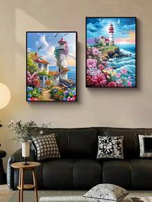 2 piezas DIY Pintura de Diamantes Pegatina Bordado Paisaje Faro Decoración del Hogar Perforación Completa 30*40cm - Conjuntos - Ver 2