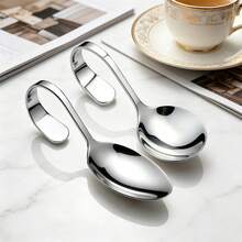 1/4/6pcs Stainless Steel Serving Spoons, Curved Handle Dessert Spoon Set, Rustproof Silver Tableware For Salad Berry Home Restaurant Buffet - View 6
