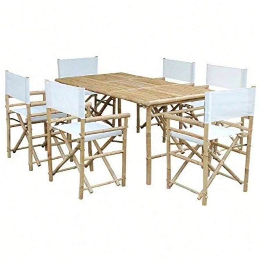 Mesa rectangular de bambú con 6 sillas de director. - Blanco - Ver 1