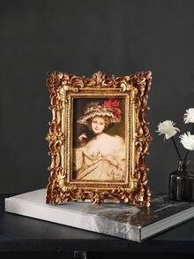 1PC, Rococo Style 3D Pattern Decorative Photo Frame, Resin Material Oak Leaf Pattern Border Decorative Photo Frame, Desktop Ornament Photo Frame, Home Decor Photo Frame, European Style Desktop Decoration, Suitable For Bedside Table Photo Frame, Dressing Table Photo Frame, Wedding Photo Frame And Desktop Decoration - Gold - View 5