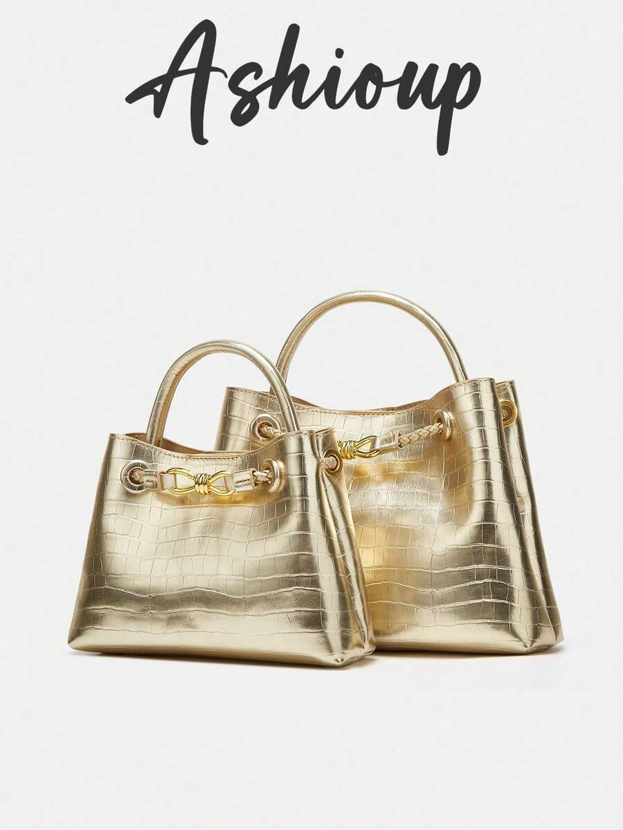 Bolso de hombro con textura de piedra, correa con hebilla de metal, diseño único, bolso bandolera de gran capacidad - Dorado - Ver 1