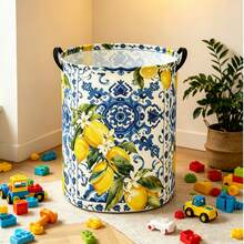 A Blue Ceramic Tile Lemon Print Laundry Basket, Mediterranean-Style Clothes And Storage Box, For Home Decor - Blue - View 3