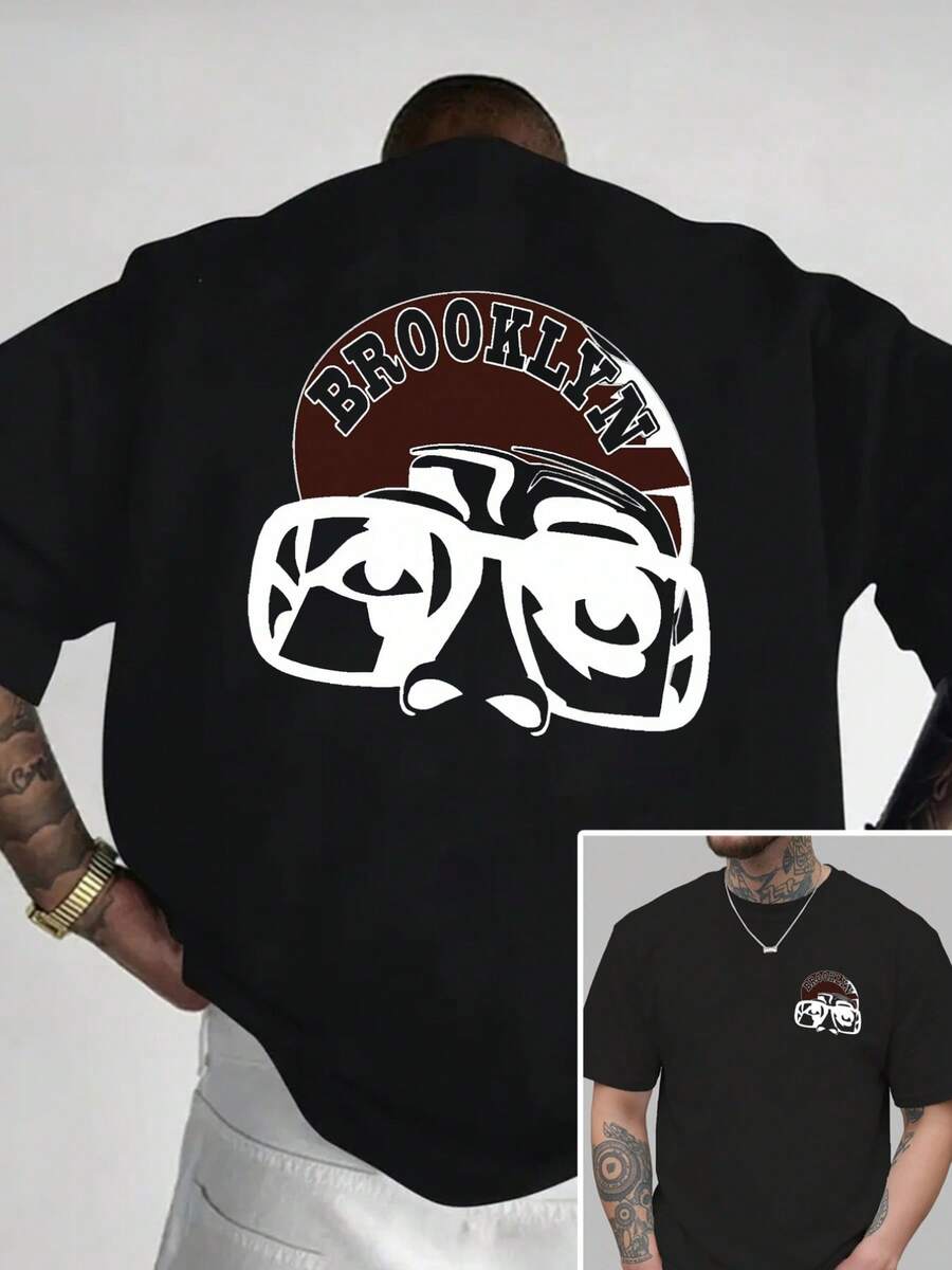 Brooklyn, Nueva York, nueva camiseta de cuello redondo para hombre con estampado a doble cara, estilo casual, deportivo, moderno y holgado, de manga corta para estudiantes y adolescentes. - Negro - Ver 1