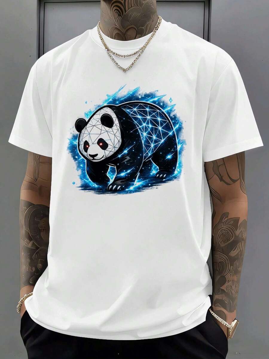 Men's T-Shirt With Geometric Panda Motif For Autumn, Premium Material, Crew Neck, Relaxed Fit, Comfortable, Casual, New - White - View 1
