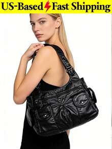 Punk Rock Motorcycle Style Tote Bag For Women Large Capacity Shoulder Handbag Y2K Street Black Purse For Music Festival Travel School Cool Girl Wear - 彩色 - 查看 1