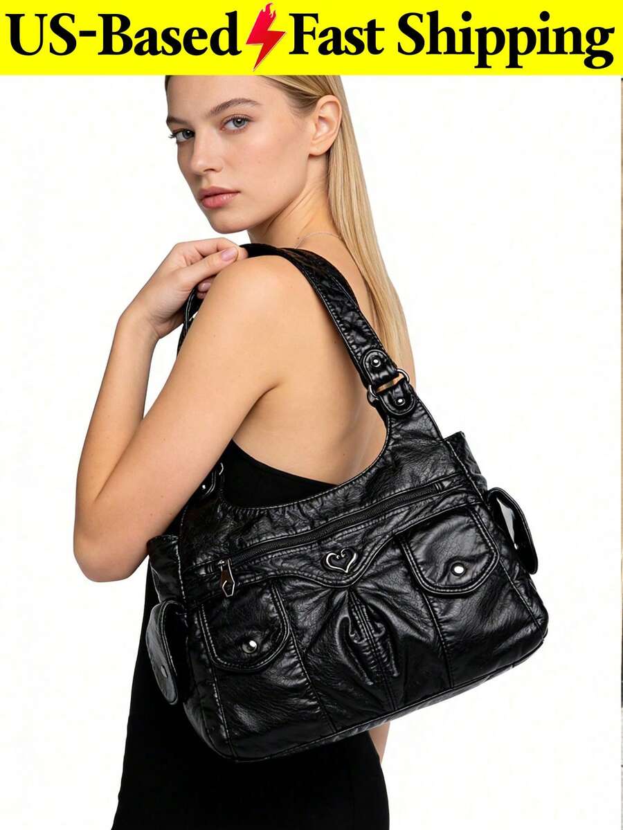 Punk Rock Motorcycle Style Tote Bag For Women Large Capacity Shoulder Handbag Y2K Street Black Purse For Music Festival Travel School Cool Girl Wear - 彩色 - 查看 1