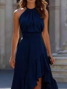 Women's Halter Ruched High Low Satin Midi Dress, Ruffled Irregular Hem Formal Dress For Cocktail Party, Wedding Guest & Evening Occasions - Blue - View 2