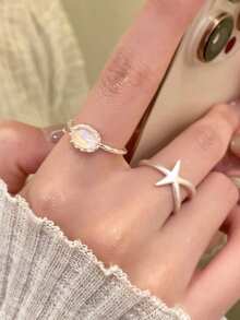 2piezas/Set Anillo Abierto Decorativo de Estrella de Mar de Moda Adecuado para el Uso Diario de Mujeres - Plateado - Ver 3