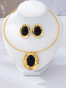 New Exaggerated Oval Rhinestone (Artificial Turquoise) Stud Earrings, Choker Necklace Suitable For Daily Wear, Parties, Banquets, Holiday Gifts - Yellow Gold - View 8