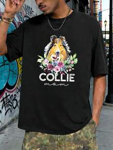 T-shirt da uomo con stampa di cane Collie, nera, in morbido cotone, vestibilità ampia, stile street hip-hop, comoda, con stampa grafica unica. - nero - Visualizzare 1