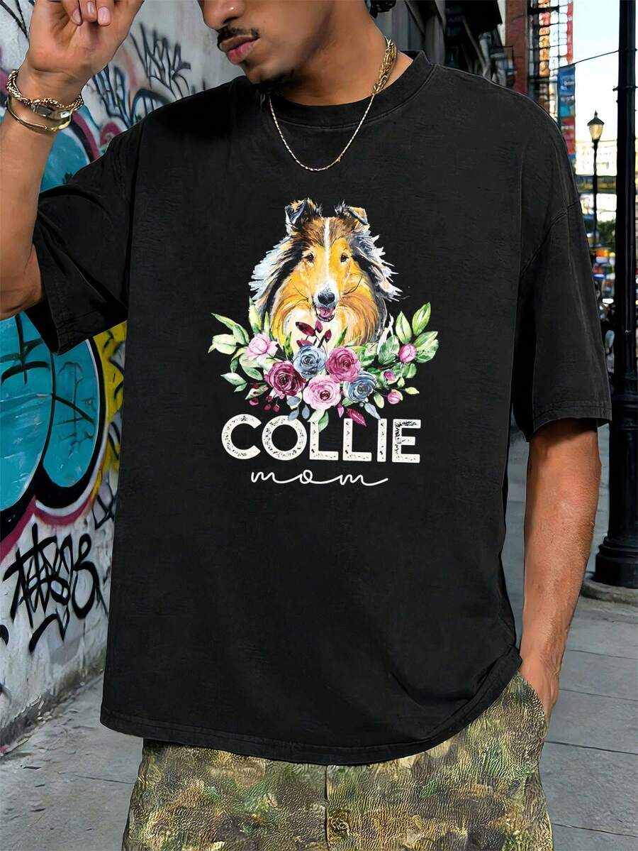 T-shirt da uomo con stampa di cane Collie, nera, in morbido cotone, vestibilità ampia, stile street hip-hop, comoda, con stampa grafica unica. - nero - Visualizzare 1