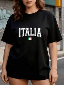 2026 blusas para mujer Camiseta de la bandera italiana para mujer - Camiseta de manga corta de cuello redondo, suave y de primera calidad de 180 g con diseño tricolor de Italia| Casual itali - Negro - Ver 1