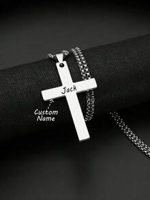 suteyi Collar con colgante de cruz grabado con nombre personalizado para cumpleaños, cadena de cuentas cuadradas de acero inoxidable, regalo cristiano para adolescentes - Plateado - Ver 1