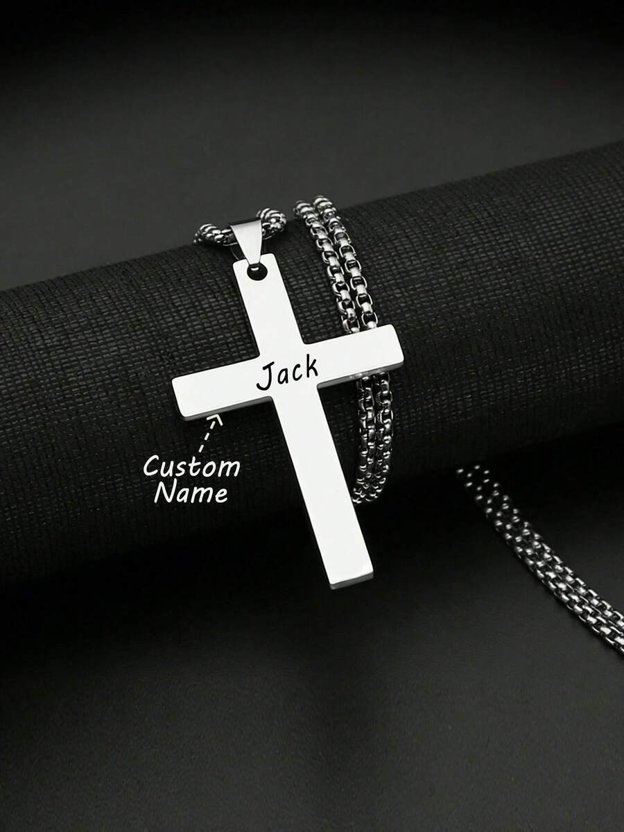 suteyi Collar con colgante de cruz grabado con nombre personalizado para cumpleaños, cadena de cuentas cuadradas de acero inoxidable, regalo cristiano para adolescentes - Plateado - Ver 1