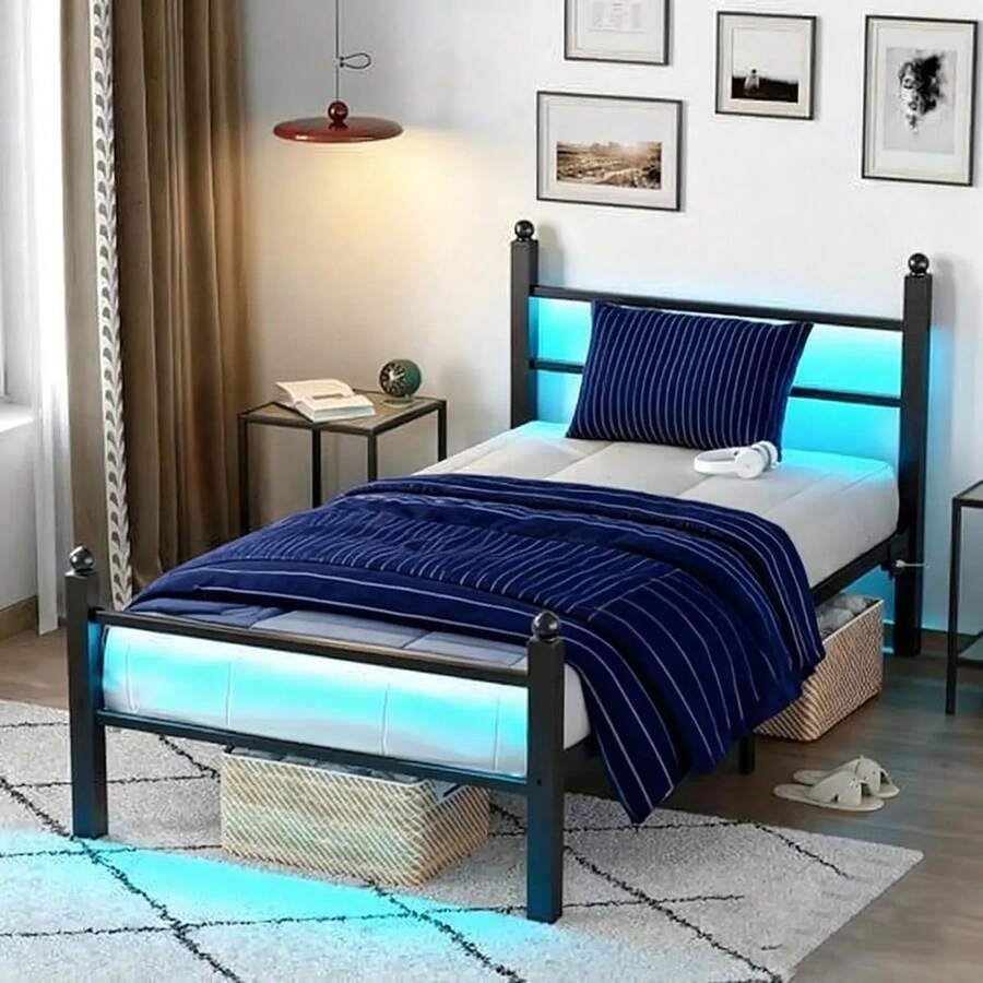 Base De Cama Individual De Metal Para Dormitorio Pequeño - Negro - Ver 1