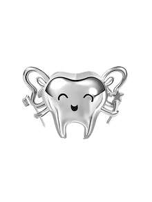 1pc 925 Sterling Silver Cute Tooth Fairy Pendant Bead, Smiling Tooth With Wings & Star Design, Suitable For European Bracelet, Tooth Fairy Theme Children's Jewelry - Silver - View 2