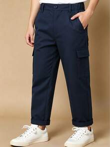 Young Boy's Casual Cargo Pants With Flap Pockets, Suitable For Spring And Summer - Royal Blue - View 1