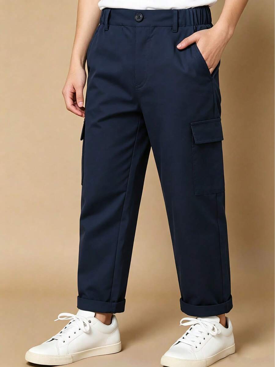 Young Boy's Casual Cargo Pants With Flap Pockets, Suitable For Spring And Summer - Royal Blue - View 1