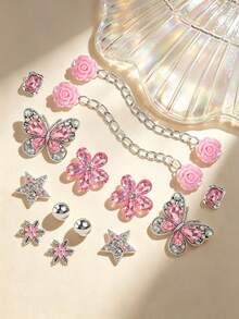 Hiasan Sepatu Bakiak Bergaya Manis dan Keren Warna Pink dengan Rhinestone, Set Bunga Sepatu Resin Paduan Mawar Permen Mahkota Kupu-kupu, Kompatibel dengan Sepatu Bakiak - Berwarna merah muda - View 7