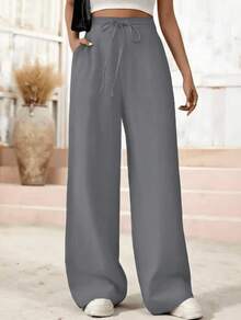 Women's Linen Palazzo Pants, Adjustable Waist With Drawstring, Side Pockets, Casual And Breathable For Vacations - 灰色 - 查看 1