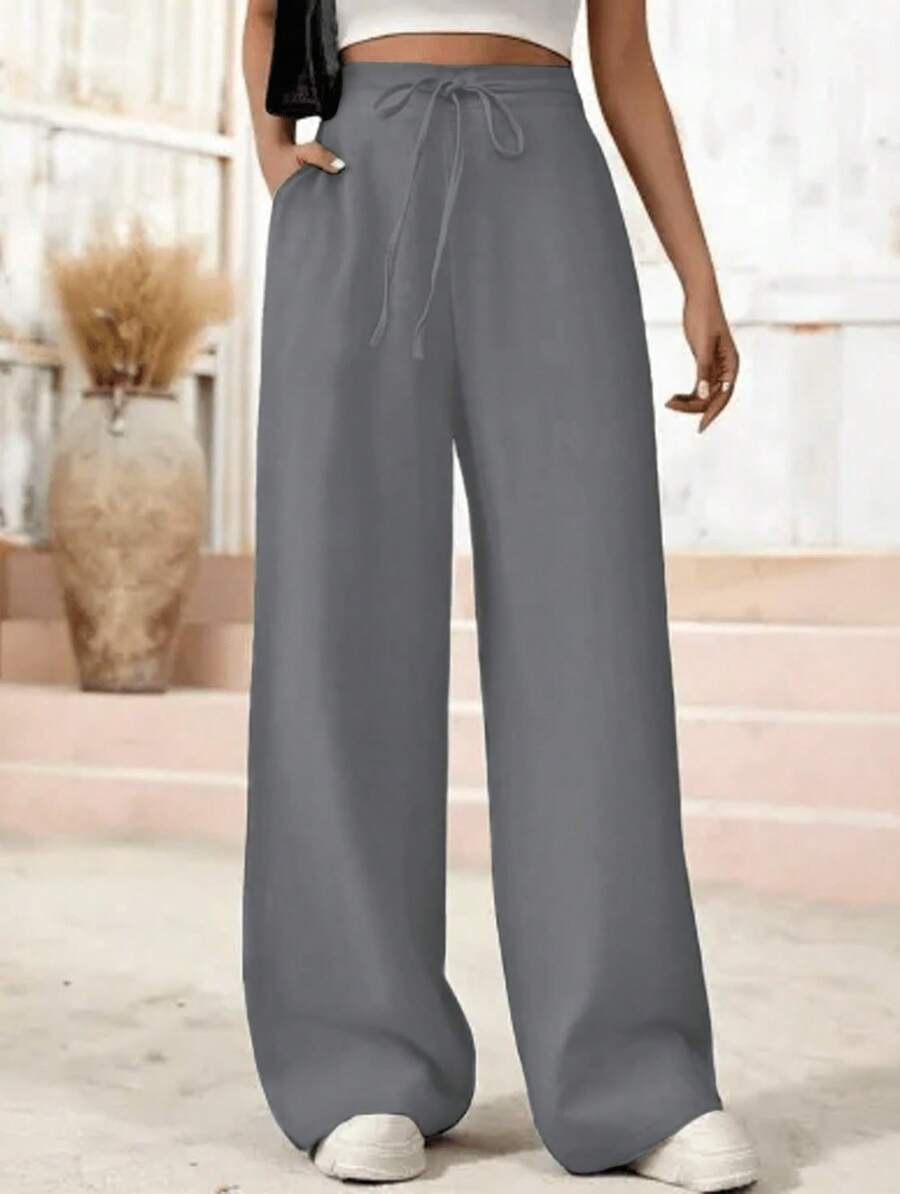 Women's Linen Palazzo Pants, Adjustable Waist With Drawstring, Side Pockets, Casual And Breathable For Vacations - 灰色 - 查看 1