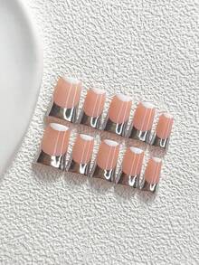 10件組極簡手工穿戴甲，Polygel美甲套組，法式銀色，銀色指甲油，休閒風格，含美甲工具，3種尺寸可選，杏仁形、鴨嘴形、棺材形，適合派對、跳舞、日常穿戴 - 彩色 - 查看 2