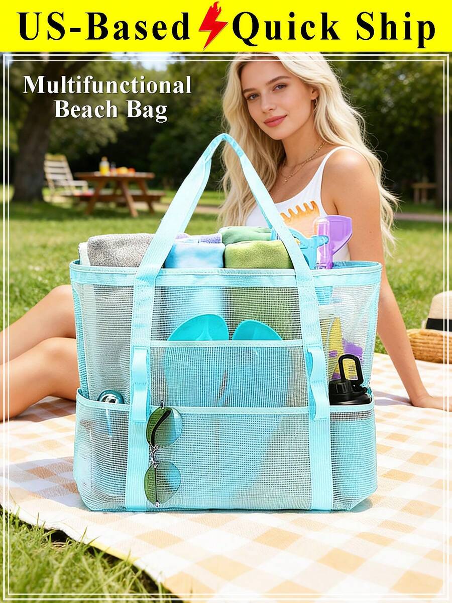 Mesh Beach Bag Large Tote Bag For Women Openwork Large-Capacity Swim Bag & Shoulder Bag Swimwear Storage Bag Foldable Handbag Toys Pool Bag Vacation - 彩色 - 查看 1