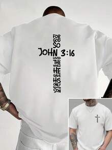 Gospel Of John 3:16, New Men's Crew Neck T-Shirt With Cross Print On Both Sides, Casual, Sporty, Modern And Loose Style, Short Sleeve T-Shirt For Students - 黑色 - 查看 6