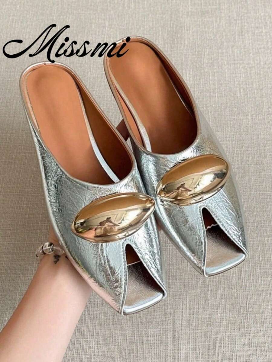 2026 Summer New Pointed Toe Bowknot Suede High Heel Mule Sandals, Black, Fashionable & Versatile - Silver - View 1