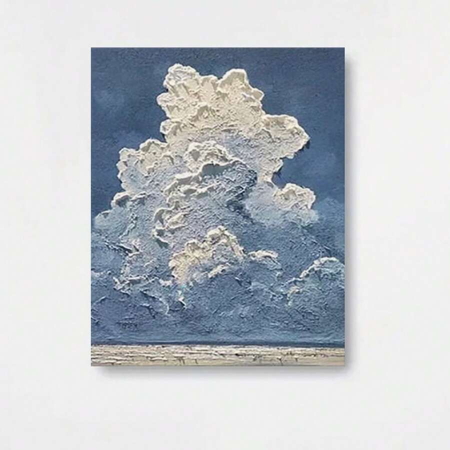 Arte de pared 2D plano, 1 pieza, abstracto pintado a mano de cielo y nubes esponjosas - Pintura de pinceladas texturizadas en crema, moderna y minimalista, adecuada para sala de estar, dormitorio, decoración - Pintura de nubes relajante para habitación, idea de regalo única - Enmarcado - Ver 1