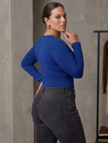 Bodysuit With Wrap Detail, Deep Neckline, And Long Sleeves. Front Detail: Deep Neckline. - Azul - Ver 4