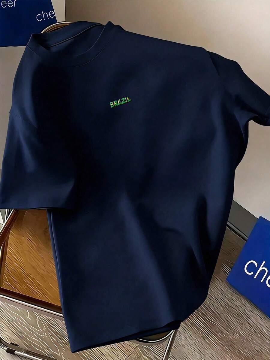 Camiseta Masculina PLUS SIZE Brasil Estampa Minimalista Manga Curta Blusa Do Brasil Lançamento Copa do Mundo e Eleições Mais Barato - Azul Marinho - Visão 1