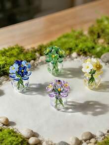 2 piezas/Set Escultura de flor de margarita de vidrio mini linda, flores de vidrio de colores, pequeño ramo con jarrón, decoración para mujeres, regalo del Día de la Madre, decoración del hogar, adorno de escritorio - A - Ver 1