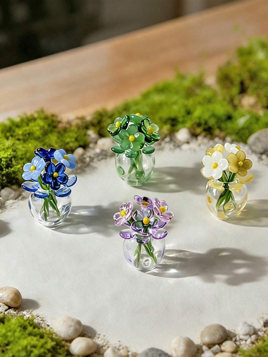 2 piezas/Set Escultura de flor de margarita de vidrio mini linda, flores de vidrio de colores, pequeño ramo con jarrón, decoración para mujeres, regalo del Día de la Madre, decoración del hogar, adorno de escritorio - A - Ver 1