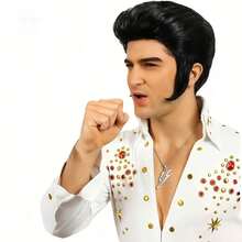 Men's Black Vintage Rock Singer Cosplay Synthetic Wig, High Top Voluminous Back, Suitable For Halloween Party And Rock Star Role Play - Black - View 8