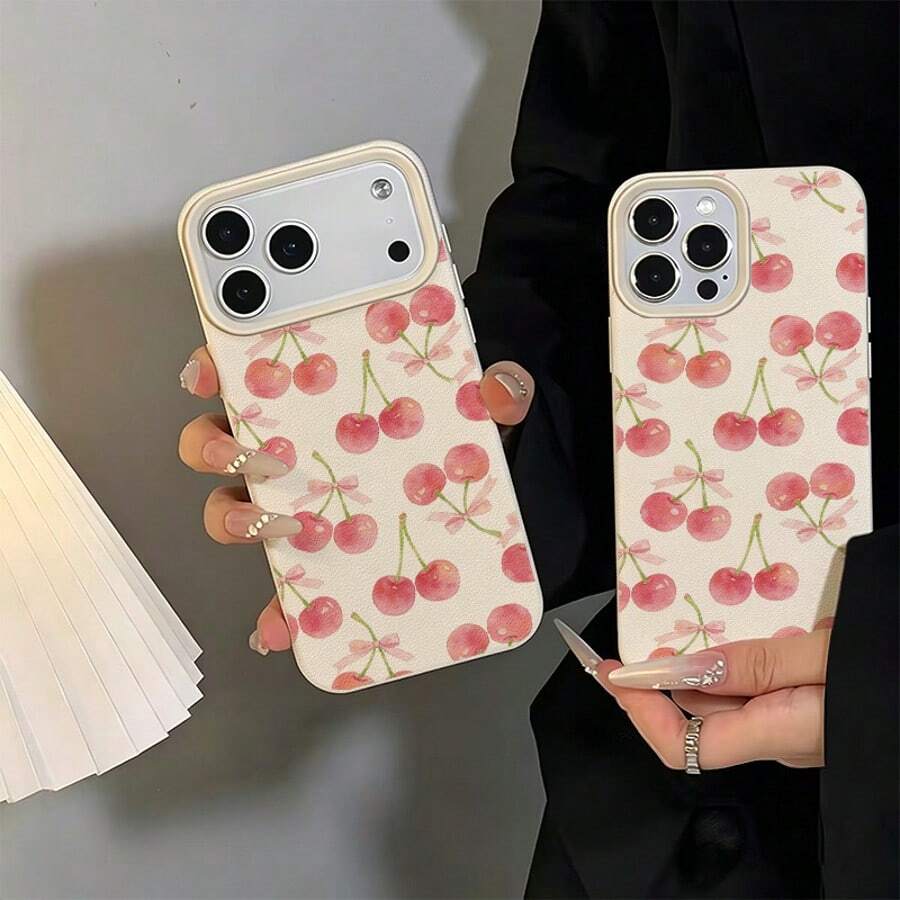 1pc TPU Pink Bow & Cherry Full Pattern Phone Case, Full Coverage Shockproof Soft Protective Cover Compatible With IPhone 17 Pro Max/17/16 Pro Max/15/13/12/11/ S20 FE/A15/S24/A55/ Note 11/Note 12/Note 13 Pro - White - View 1