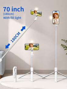 70'' Extendable Selfie Stick Tripod With Wireless Remote & Light – Portable Phone Stand For Smartphones And Cell Phones-With Light Compatible With IPhone 17 Pro Max/16/15/11 Android Smartphone - 180CM - View 1