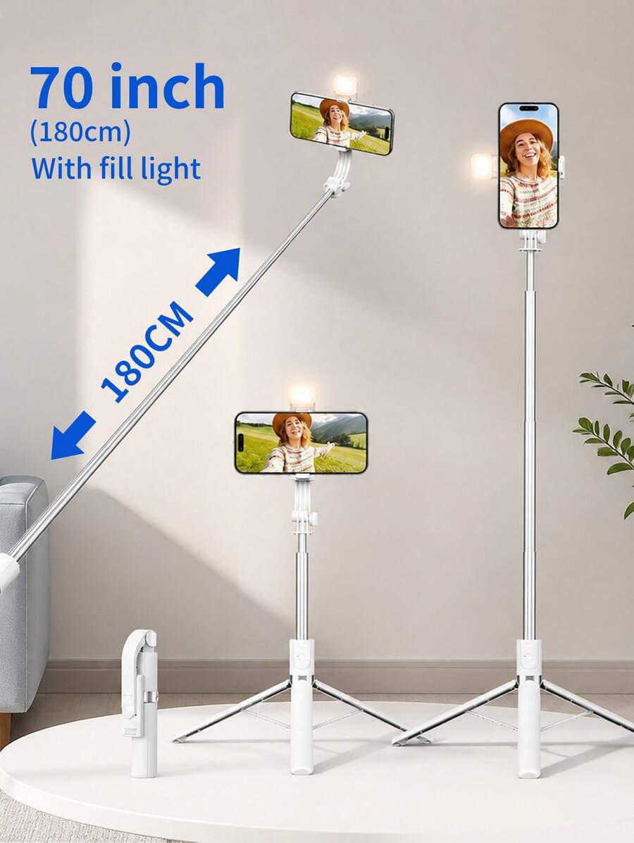 70'' Extendable Selfie Stick Tripod With Wireless Remote & Light – Portable Phone Stand For Smartphones And Cell Phones-With Light Compatible With IPhone 17 Pro Max/16/15/11 Android Smartphone - 180CM - View 1