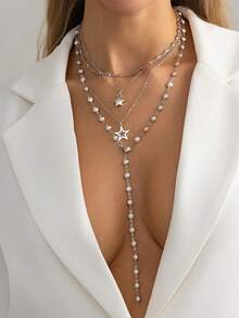 Fashionable Pearl-Like Fringed Collar Chain. Creative Hollowed-Out Five-Point Star Y-Shaped Layered Collar Chain. - Necklace Set - View 4
